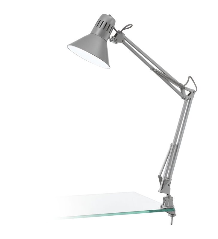 Lampa biurkowa Firmo w kolorze srebrnym przykręcana do blatu włącznik na kloszu