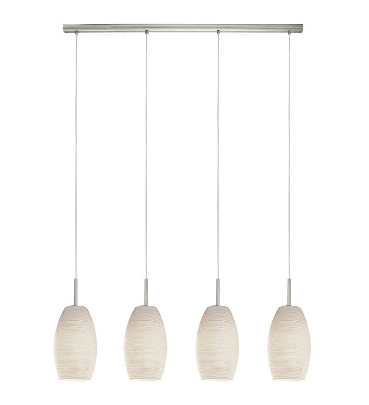 Lampa wisząca Batista3 z 4 białymi szklanymi kloszami w delikatne prążki do kuchni jadalni salonu sypialni ponad metr belka