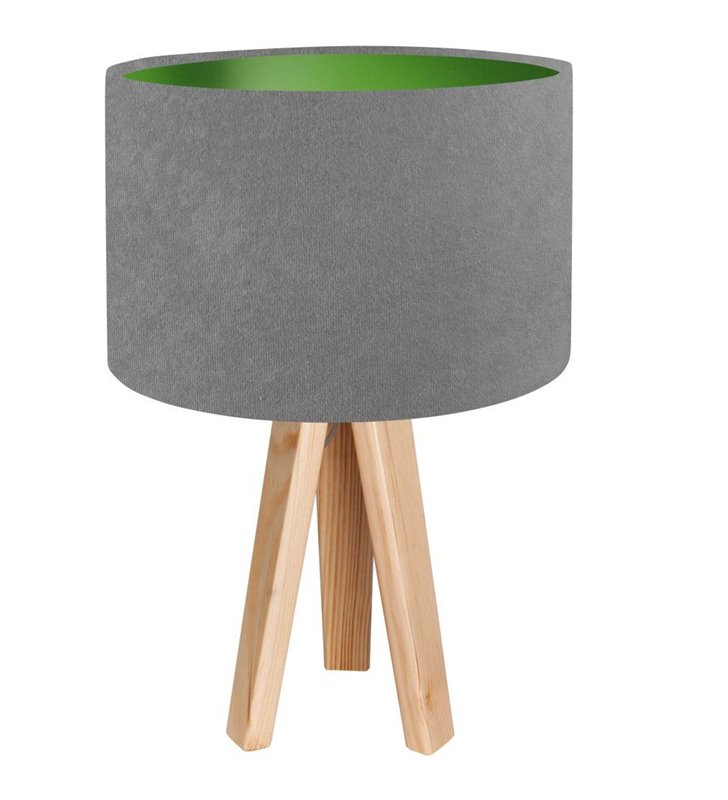 Szaro zielona lampa stołowa na drewnianym sosnowym trójnogu Kamelia Zielona 