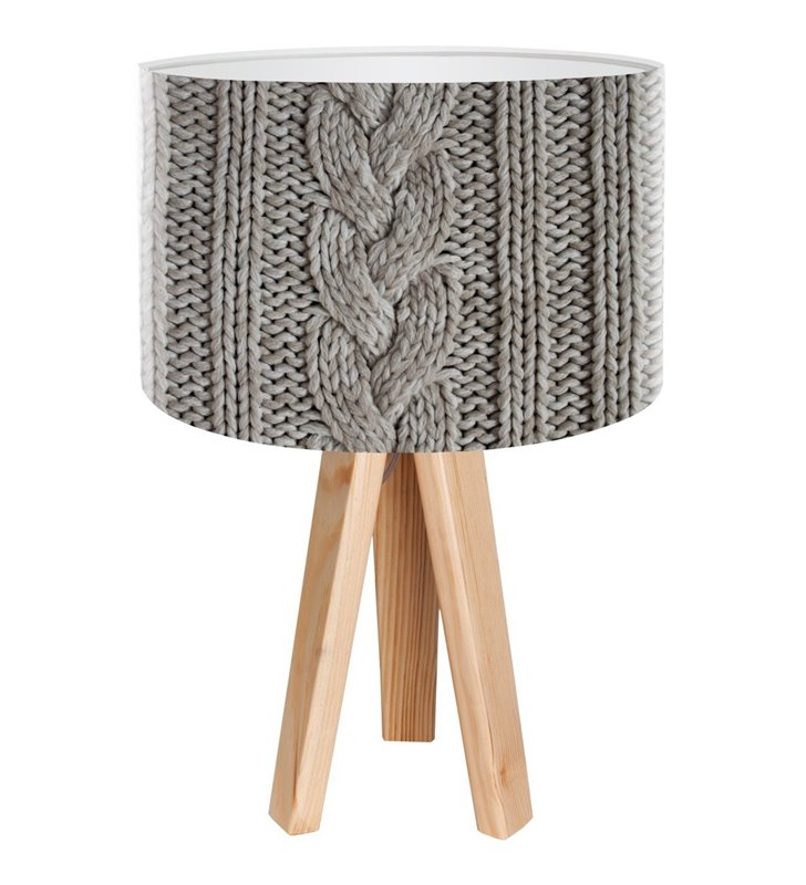 Lampa stołowa Szary Sweterek abażur szary z nadrukiem przypominającym wełniany sweter podstawa z drewna