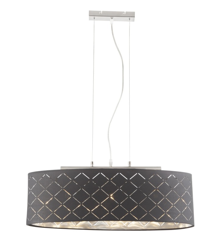 Szara lampa wisząca nad stół Kidal abażur owalny z dekorem srebrny środek