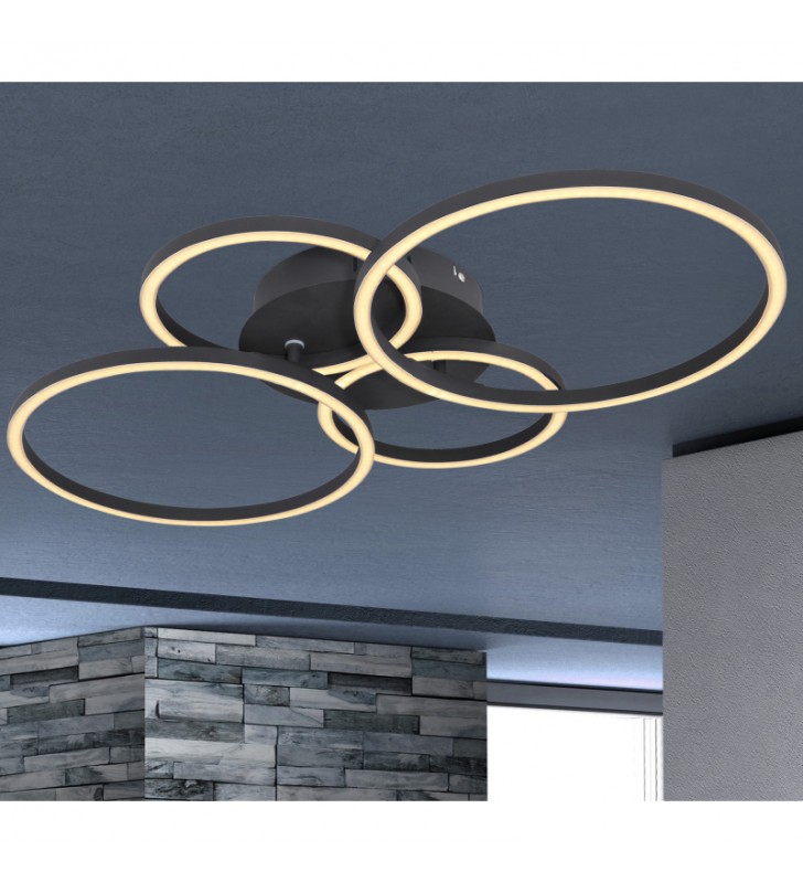 Plafon sufitowy z ruchomymi obręczami Kendy LED czarny 4 pierścienie do nowoczesnego salonu kuchni sypialni