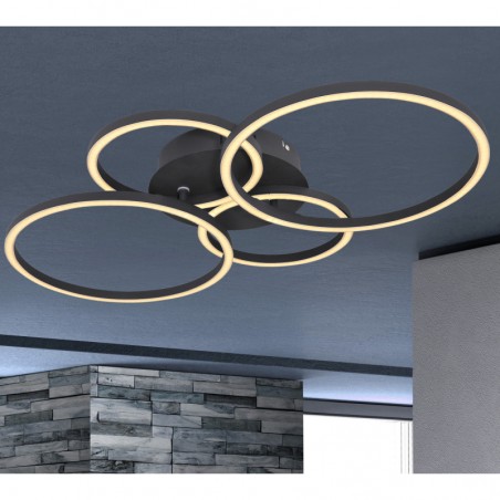 Plafon sufitowy z ruchomymi obręczami Kendy LED czarny 4 pierścienie do nowoczesnego salonu kuchni sypialni